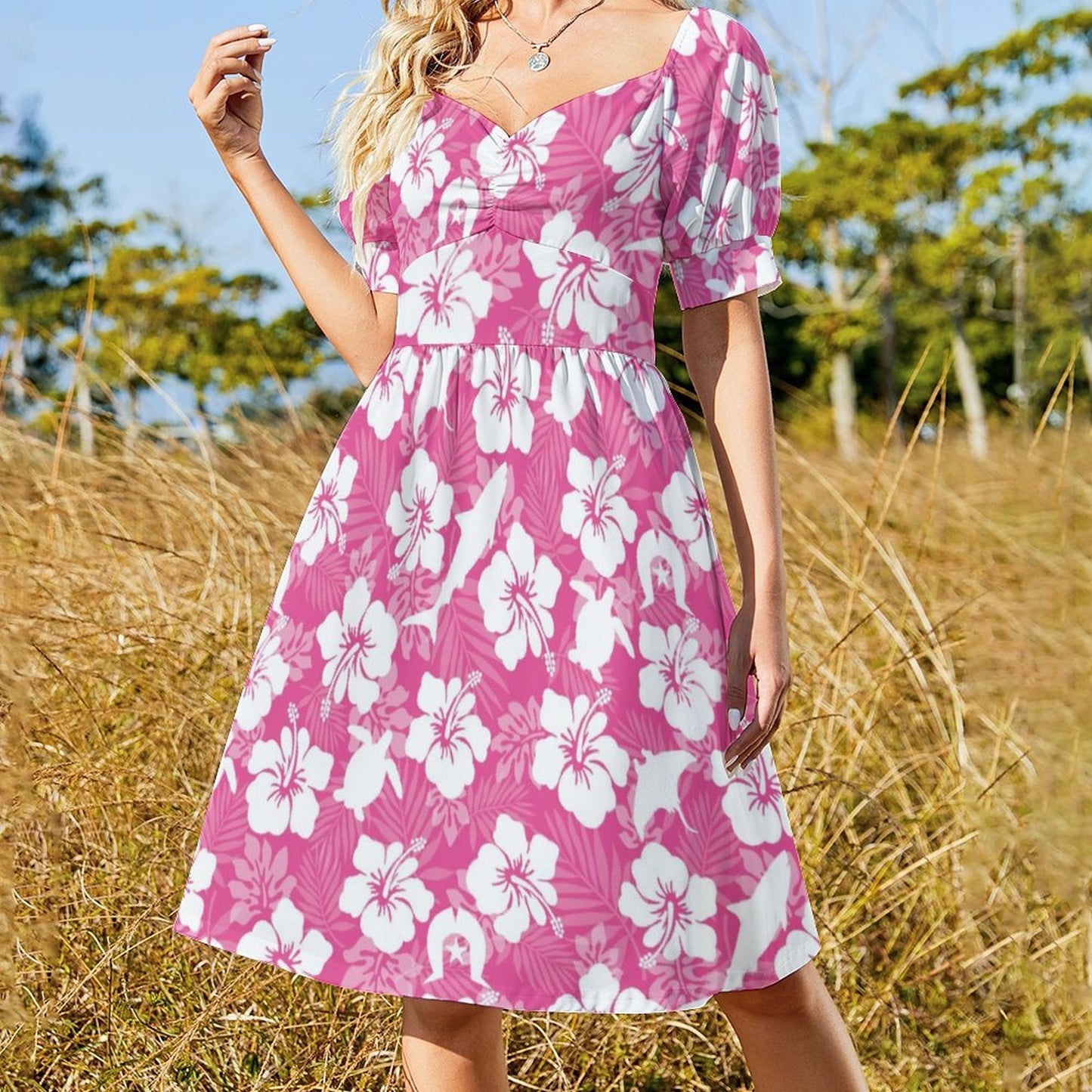 White hibiscus flowers with Dhari, Shark, turtle, and stingray (Pink) on Short Sleeve V Neck Lovely Dress