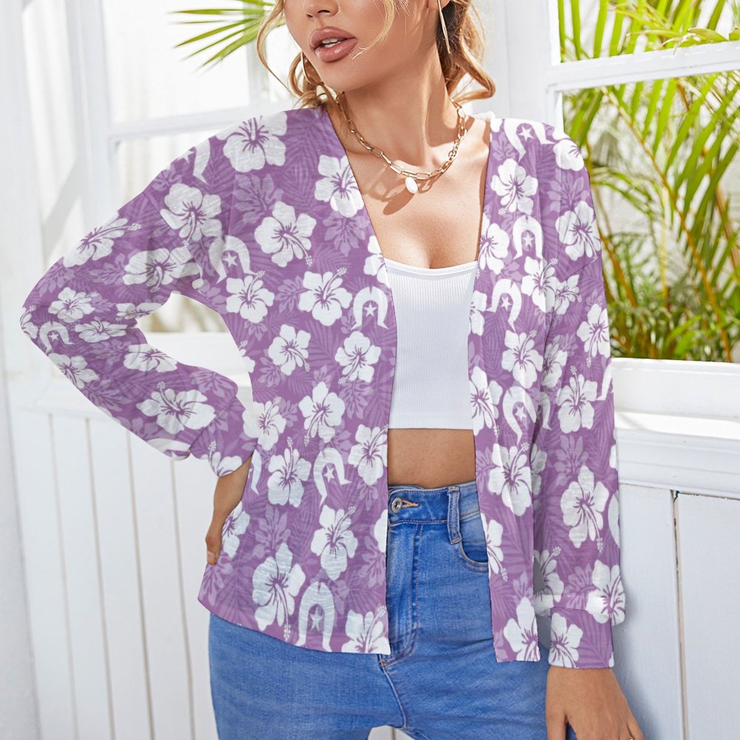 White Hibiscus and Dhari (Purple) on Long Sleeve Drop Shoulder Open Shirt