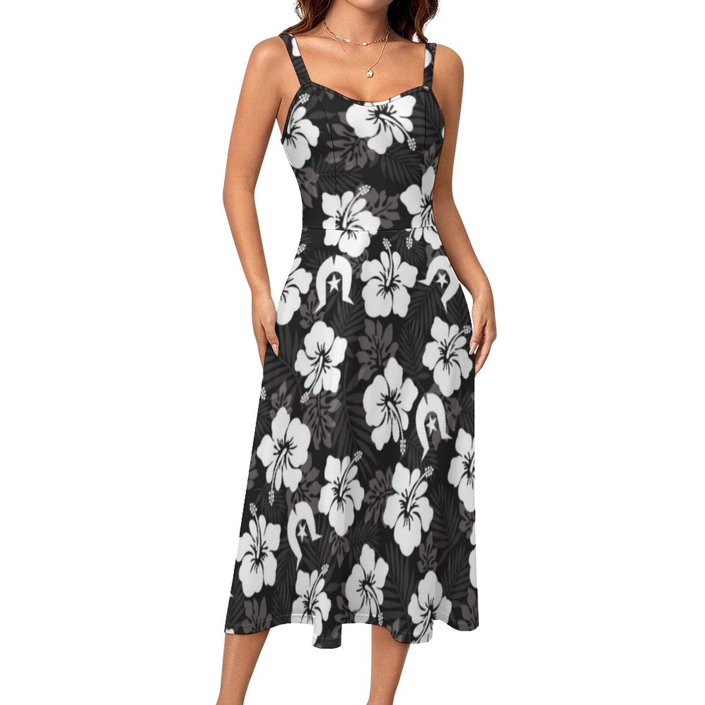 White Hibiscus and Dhari (Black) on Midi Spaghetti Strap Dress