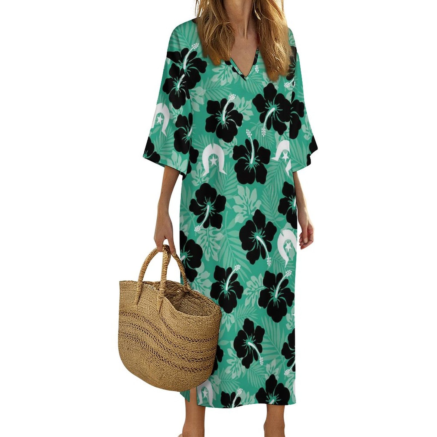 Black Hibiscus with White Dhari on Mediterranean Style V Neck Mid-Sleeve Robe