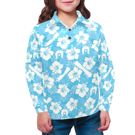 White Hibiscus flowers, Warup and Dhari on Little Girls' Long Sleeve Polo Shirt