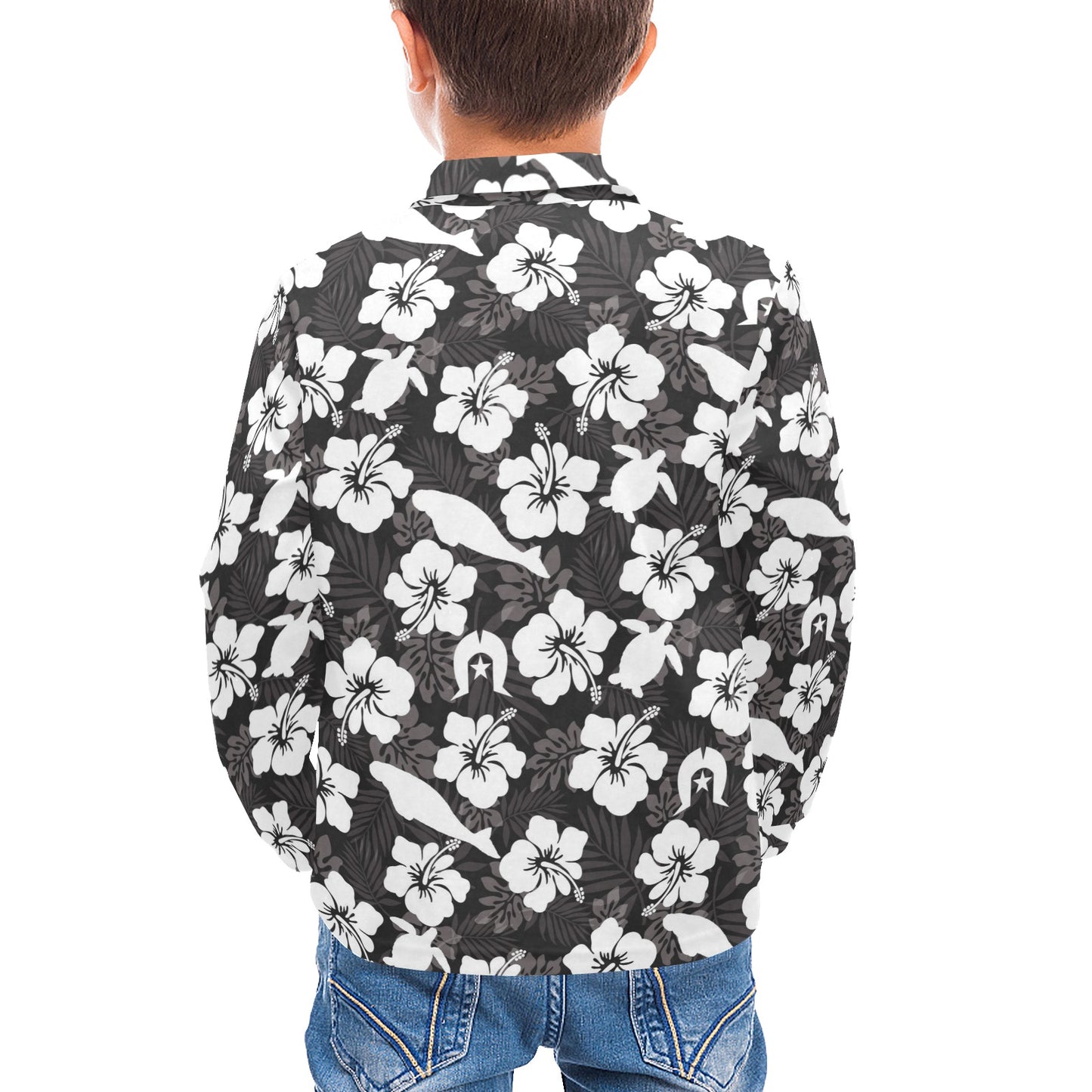 White Hibiscus with Dugong, Turtle and Dhari on Little Boys' Long Sleeve Polo Shirt