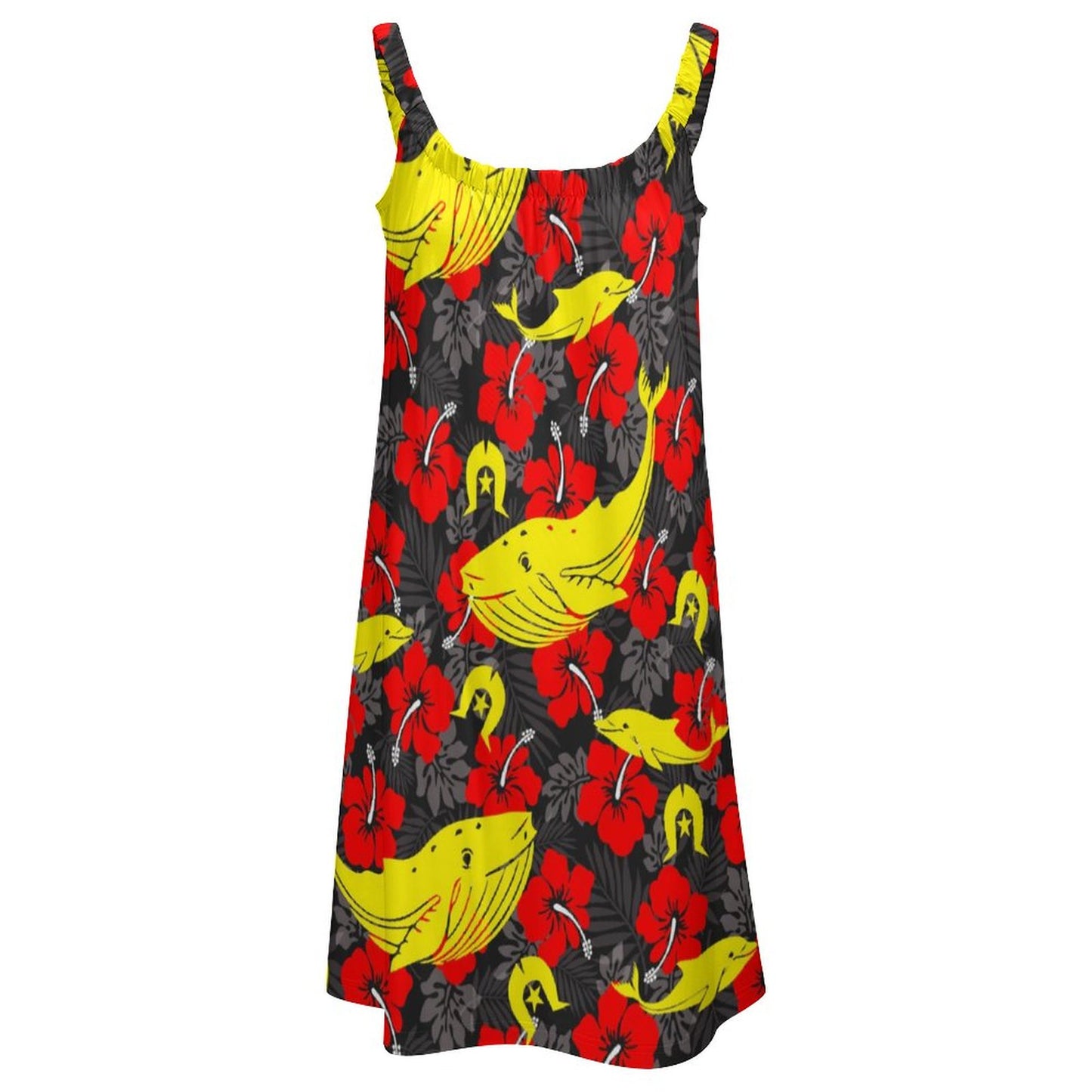 Royal Red Hibiscus with Yellow Dhari, Whale and Dolphin on Sleeveless Dress
