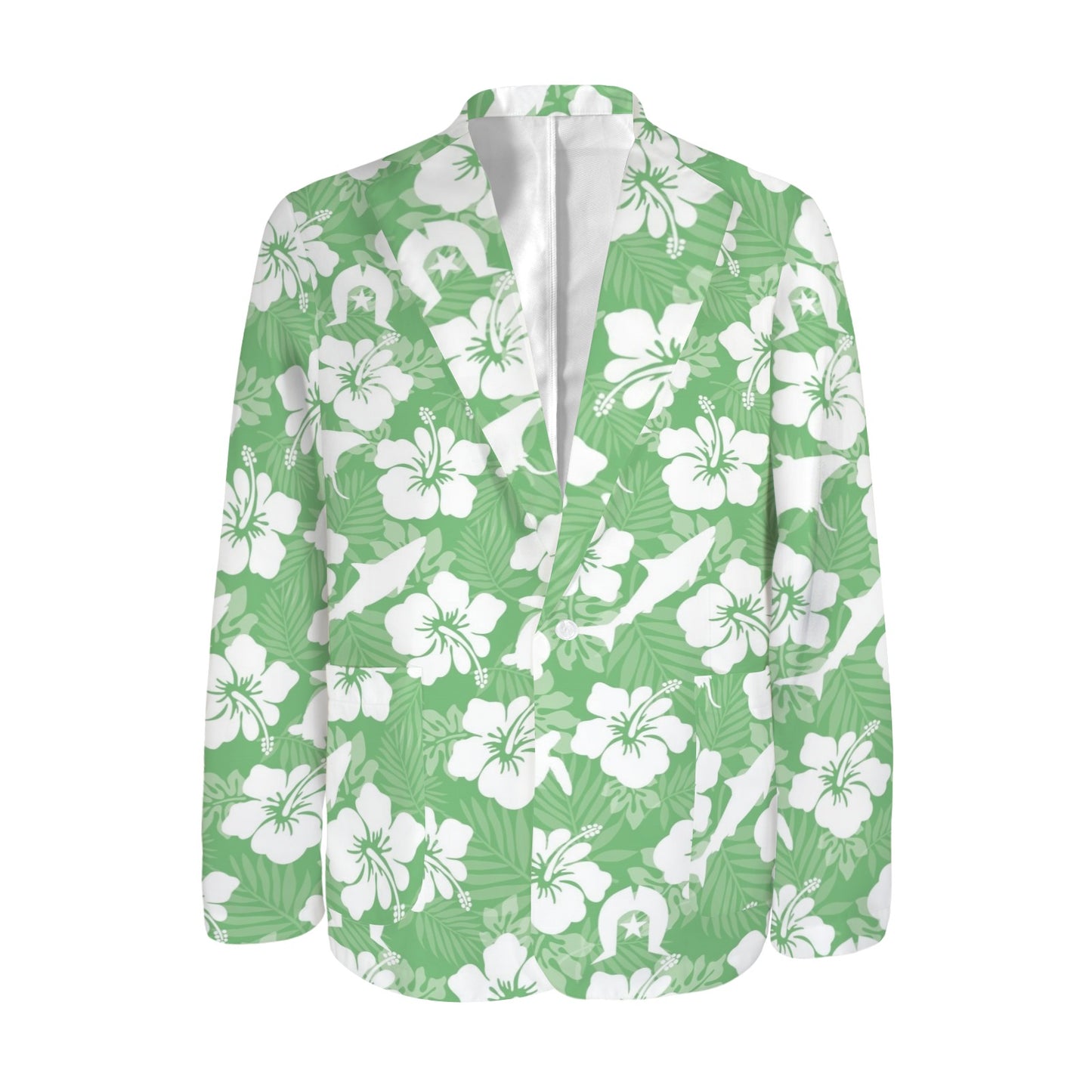 White hibiscus flowers with Dhari, Shark, turtle, and stingray (Green) on Men's Blazer