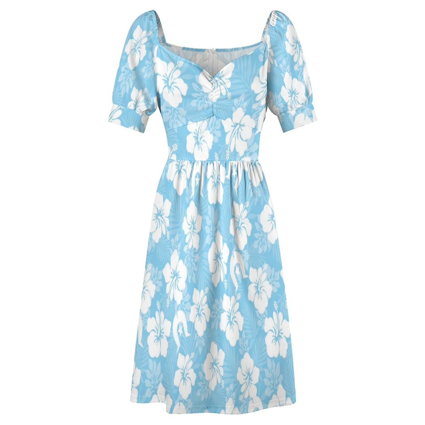 White Hibiscus and Dhari (blue) on Short Sleeve V Neck Lovely Dress