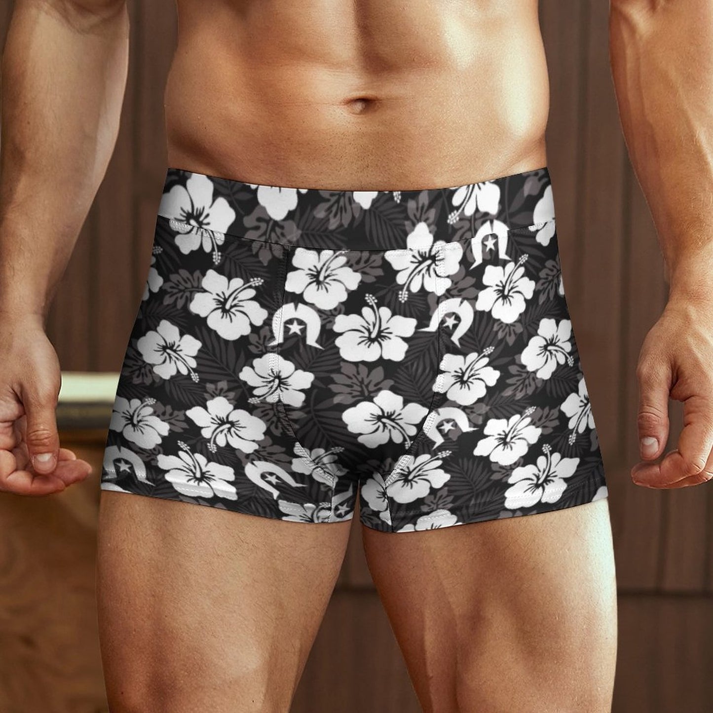 White Hibiscus and Dhari (Black) on Milk Fiber Boxer Shorts for Men
