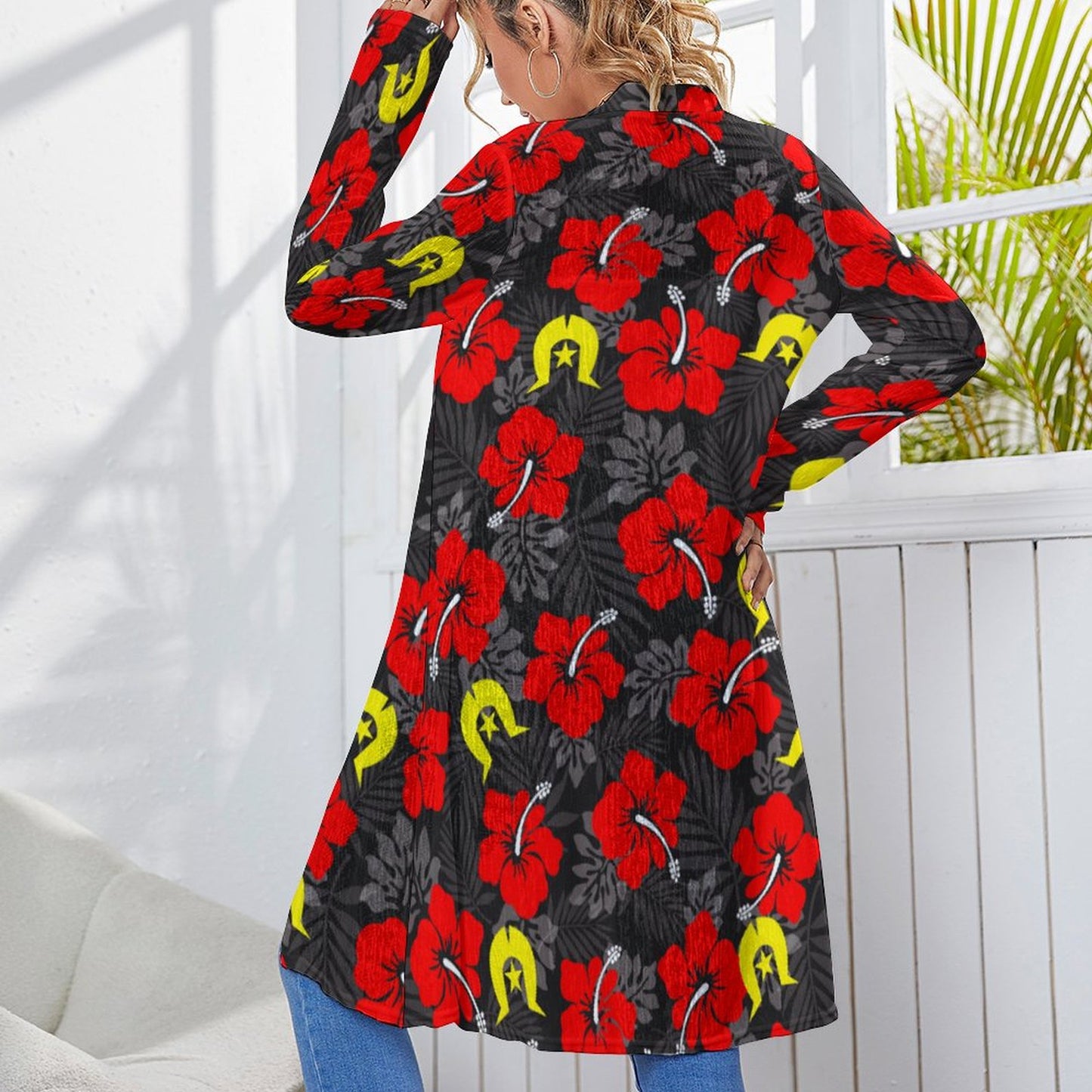 Royal Red Hibiscus with Yellow Dhari on Women's Mid-length Cardigan