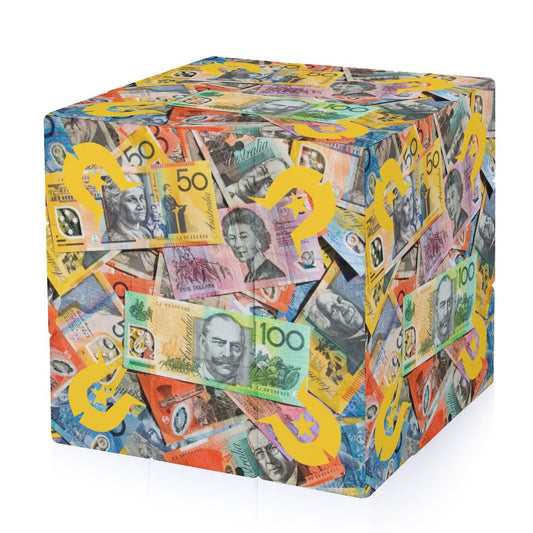 Gold coloured Dhari with Australian money (Version 2) on 3x3 Magic Cube (One-sided Printing)