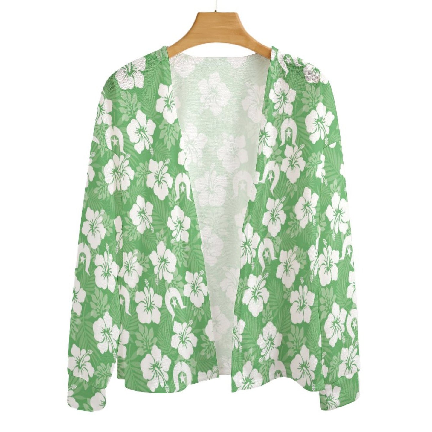 White Hibiscus flowers with Dhari (Green) on Long Sleeve Drop Shoulder Open Shirt