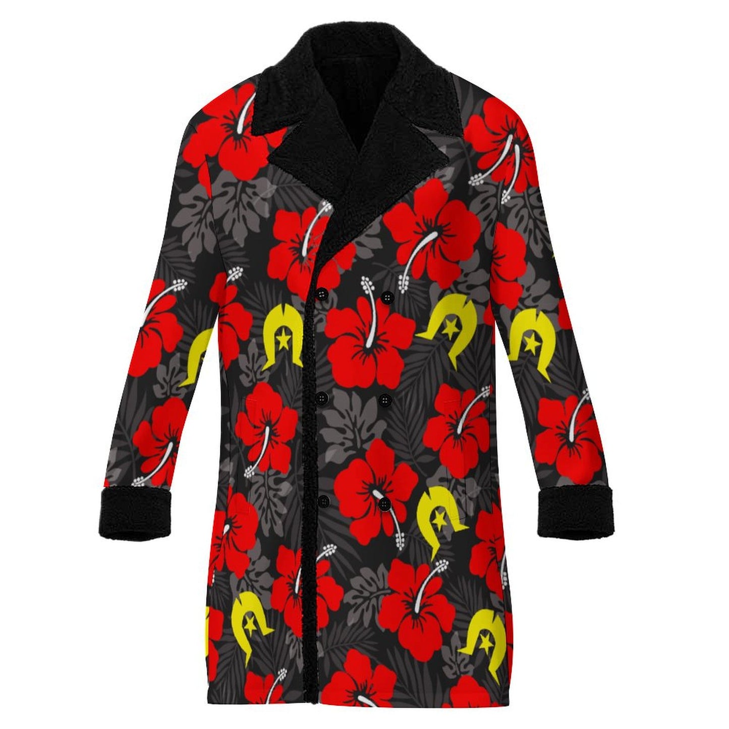 Royal Red Hibiscus with Yellow Dhari on Men's Double Breasted Coat