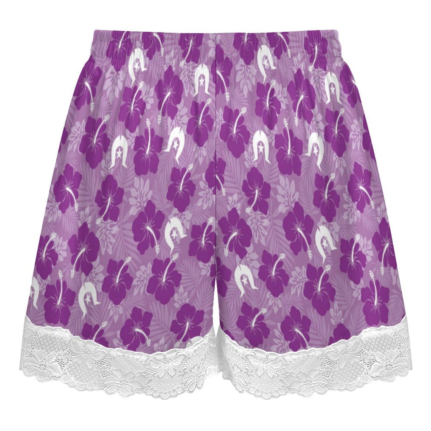 Hibiscus flowers with Dhari (Royal purple) on 200gsm Women's Lace Trim Pajama Shorts
