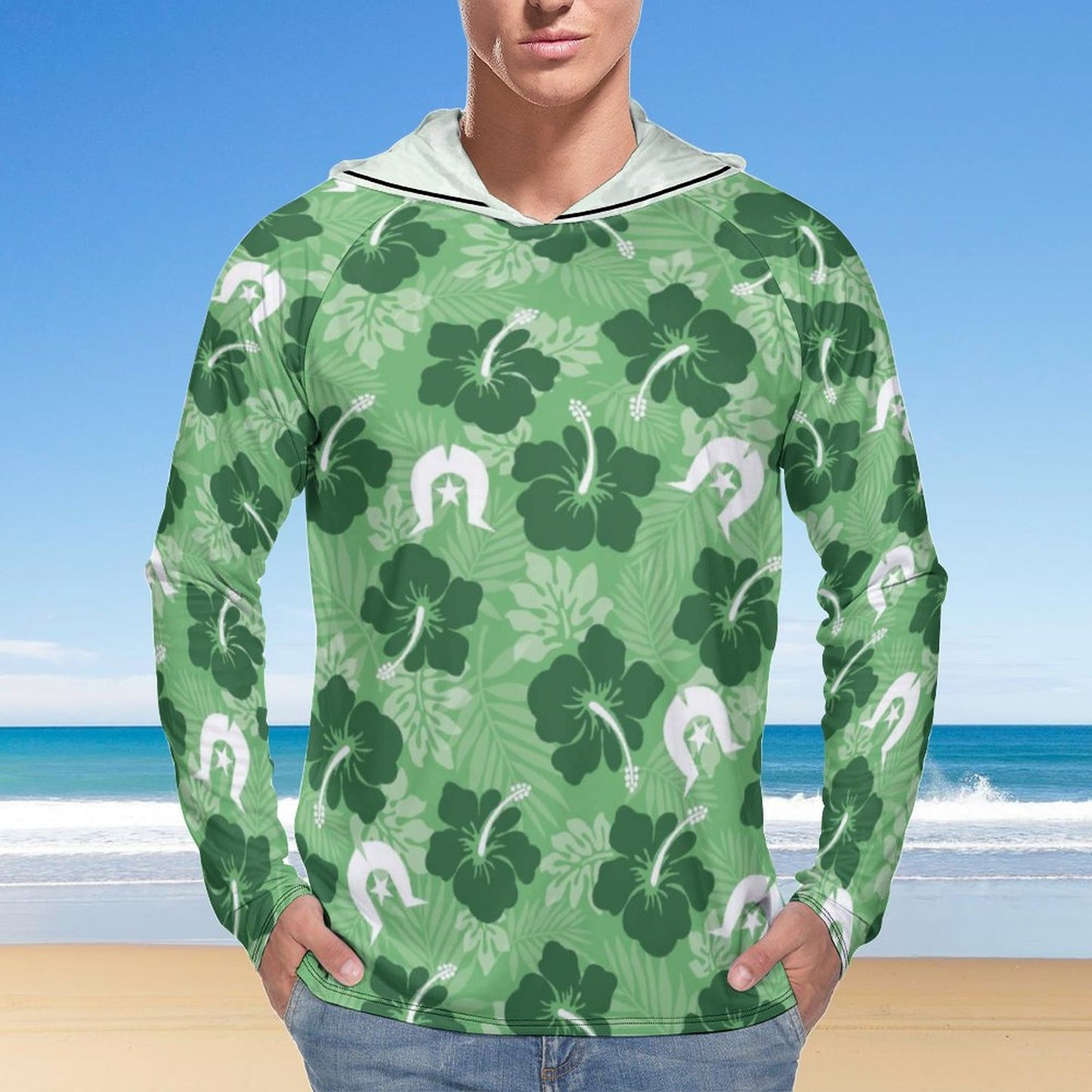 Hibiscus flowers with Dhari (Sea Grass Green) on Men's UPF 40+ Sun Protection Fishing Shirt