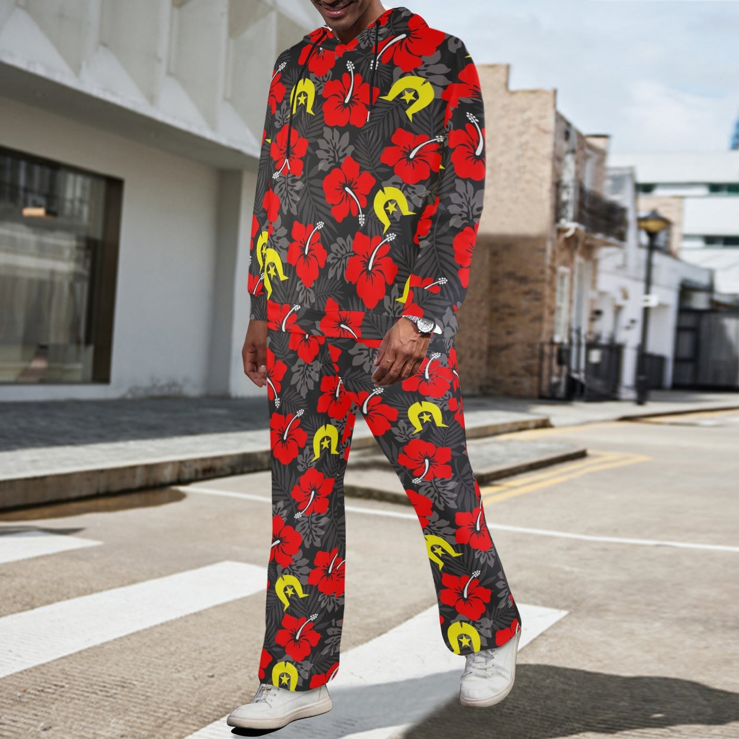 Royal Red Hibiscus with Yellow Dhari on Men's Streetwear Oversized Flared Tracksuit