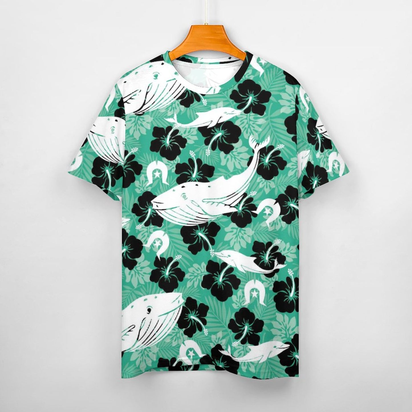 Black Hibiscus with Whale, Dolphin and Dhari on Cotton Summer Short Sleeve T-Shirts for Women