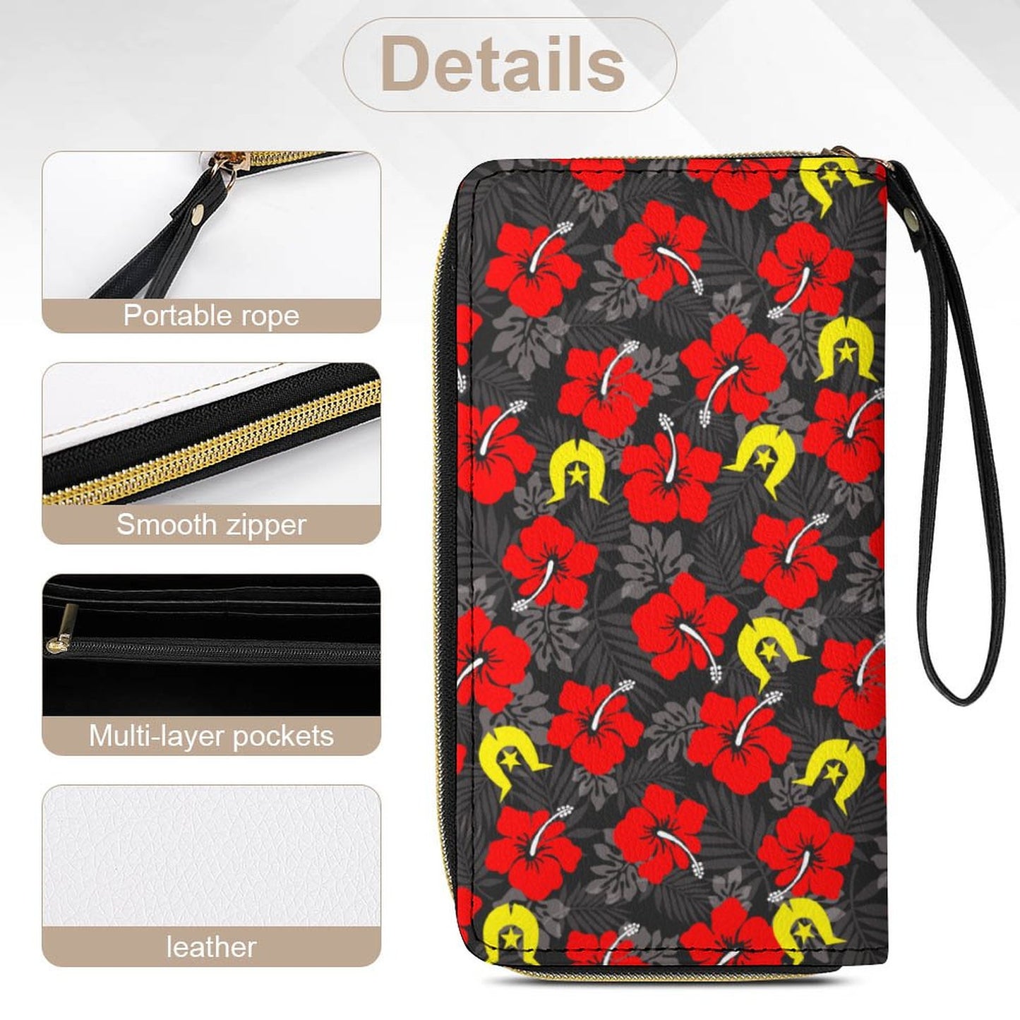 Royal Red Hibiscus with Yellow Dhari on Leather Wallet with Wristlet Strap (2 Pictures on 2 Sides)