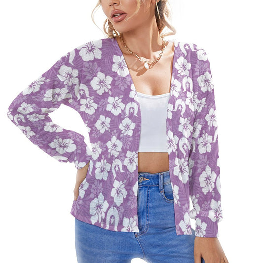 White Hibiscus and Dhari (Purple) on Long Sleeve Drop Shoulder Open Shirt