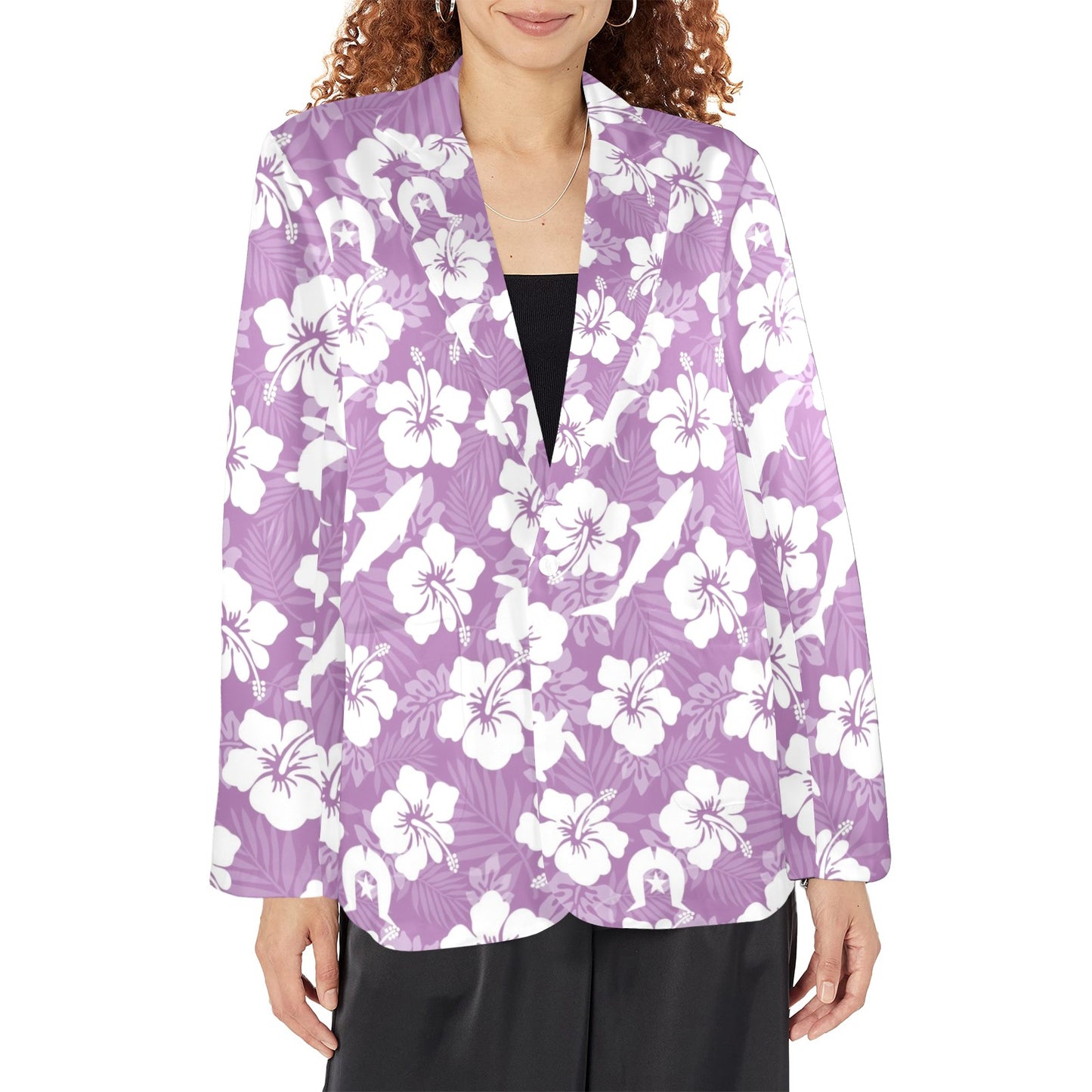 White hibiscus flowers with Dhari, Shark, turtle, and stingray (Purple) Women's Blazer