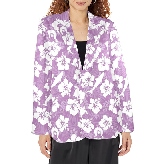 White hibiscus flowers with Dhari, Shark, turtle, and stingray (Purple) Women's Blazer