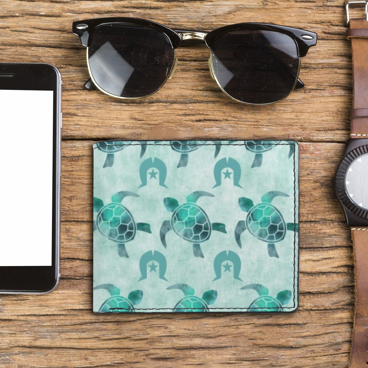 Aqua Turtle Pattern on Men's Bifold Wallet with Multi Slots