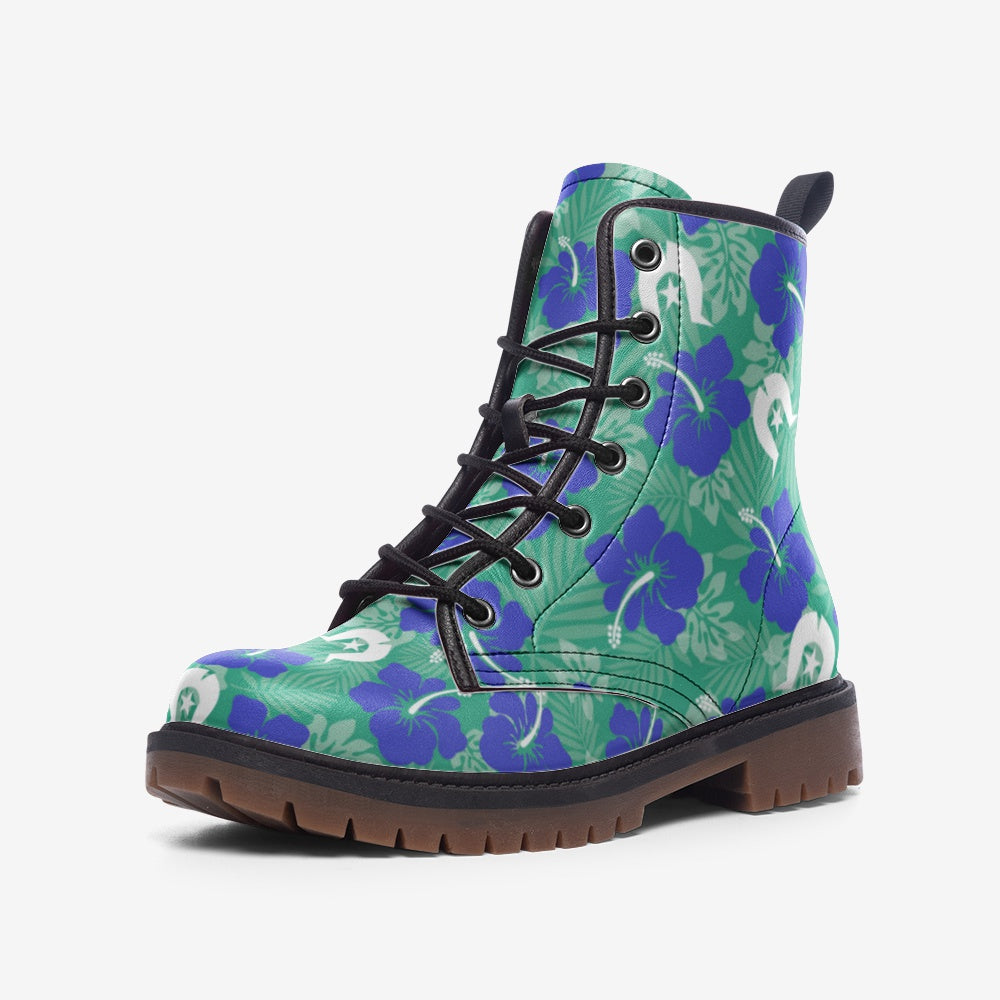 Royal Blue Hibiscus flowers with Dhari on Casual Leather Lightweight Boots