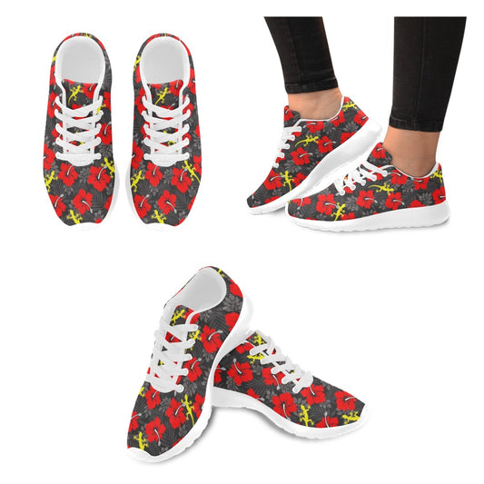 Royal Red Hibiscus flowers with Gecko on Kid's Sneakers