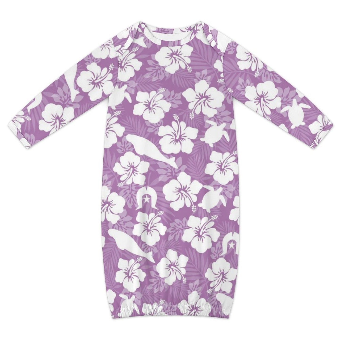 White Hibiscus flowers with Dugong, Turtle and Dhari on  Baby Faux Cotton Sleeper Gown