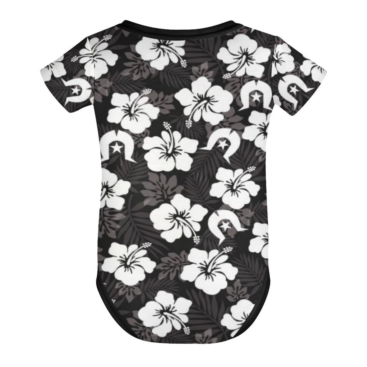 White Hibiscus and Dhari (Black) on Faux Cotton Short Sleeve Baby Romper