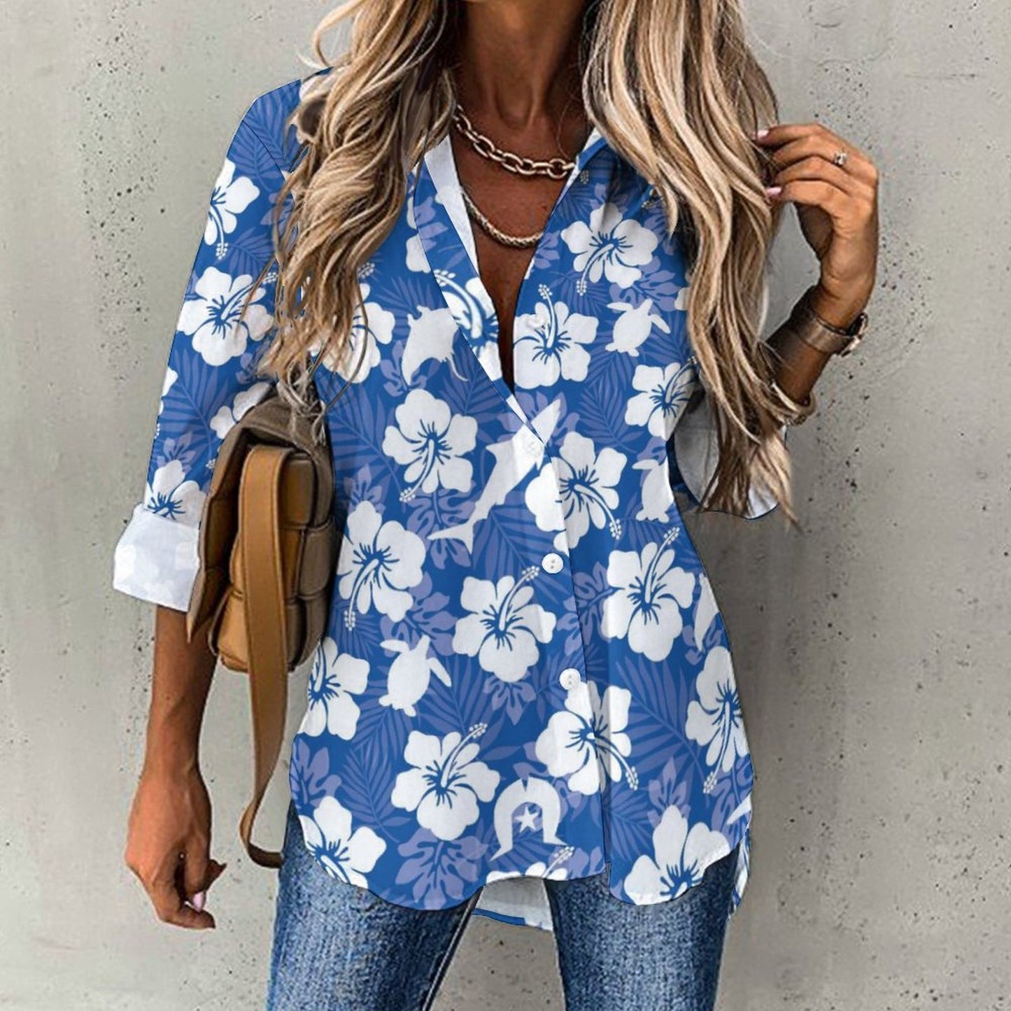White hibiscus flowers with Dhari, Shark, turtle, and stingray on Women's shirts