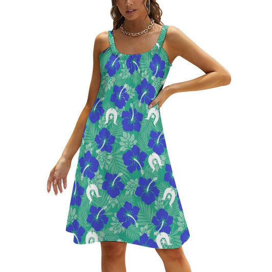 Royal Blue Hibiscus flowers with Dhari on Sleeveless Dress