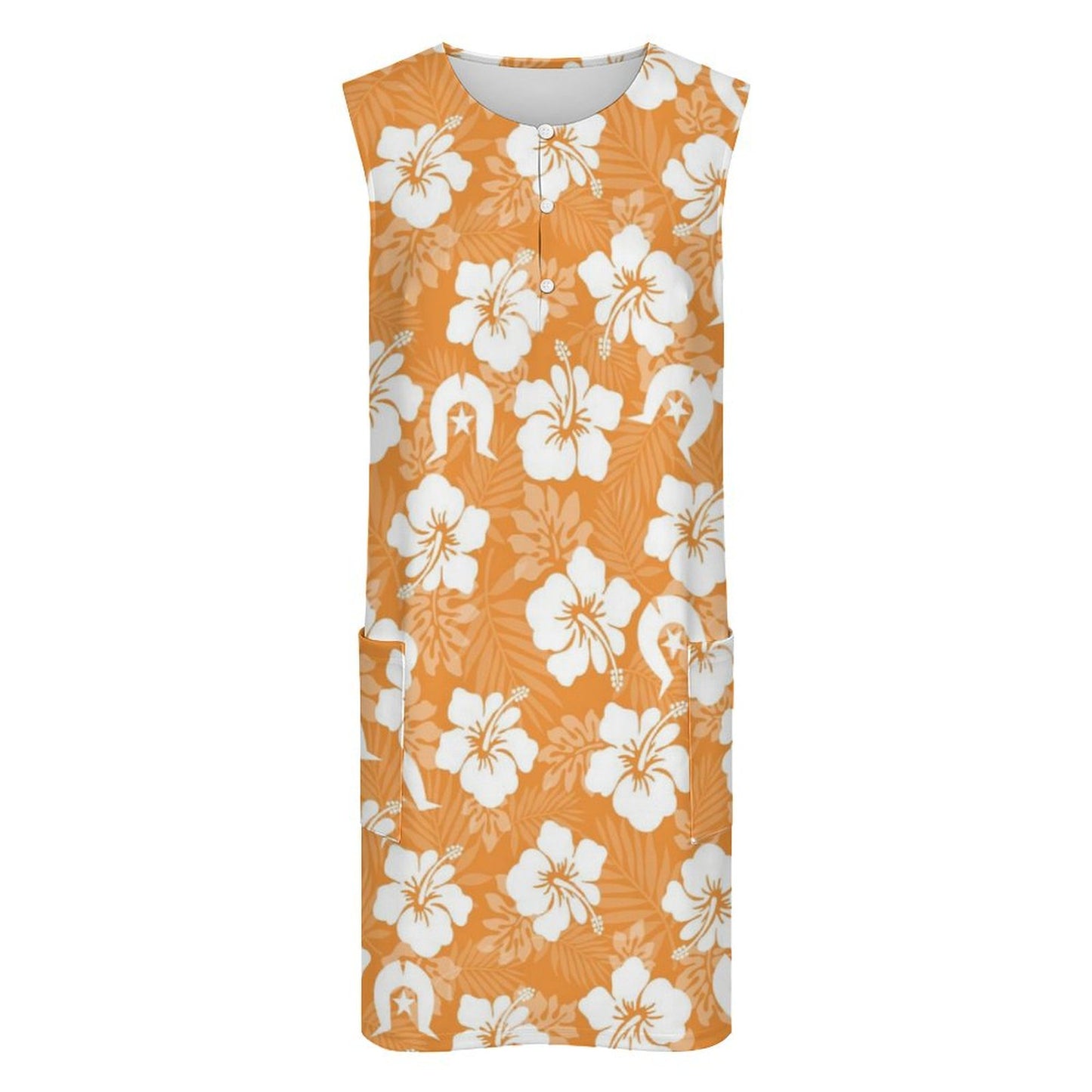 White Hibiscus flowers with Dhari (Orange) on Sleeveless Pocket Dress
