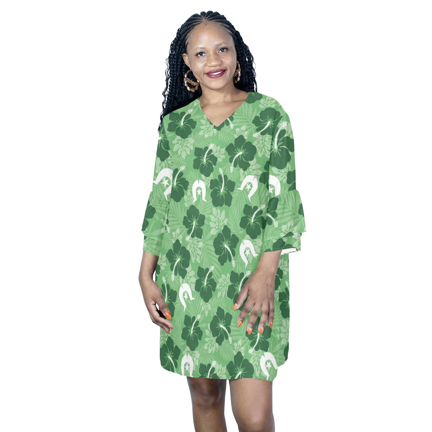 Hibiscus flowers with Dhari (Sea Grass Green) on Half Sleeves V-Neck Mini Dress