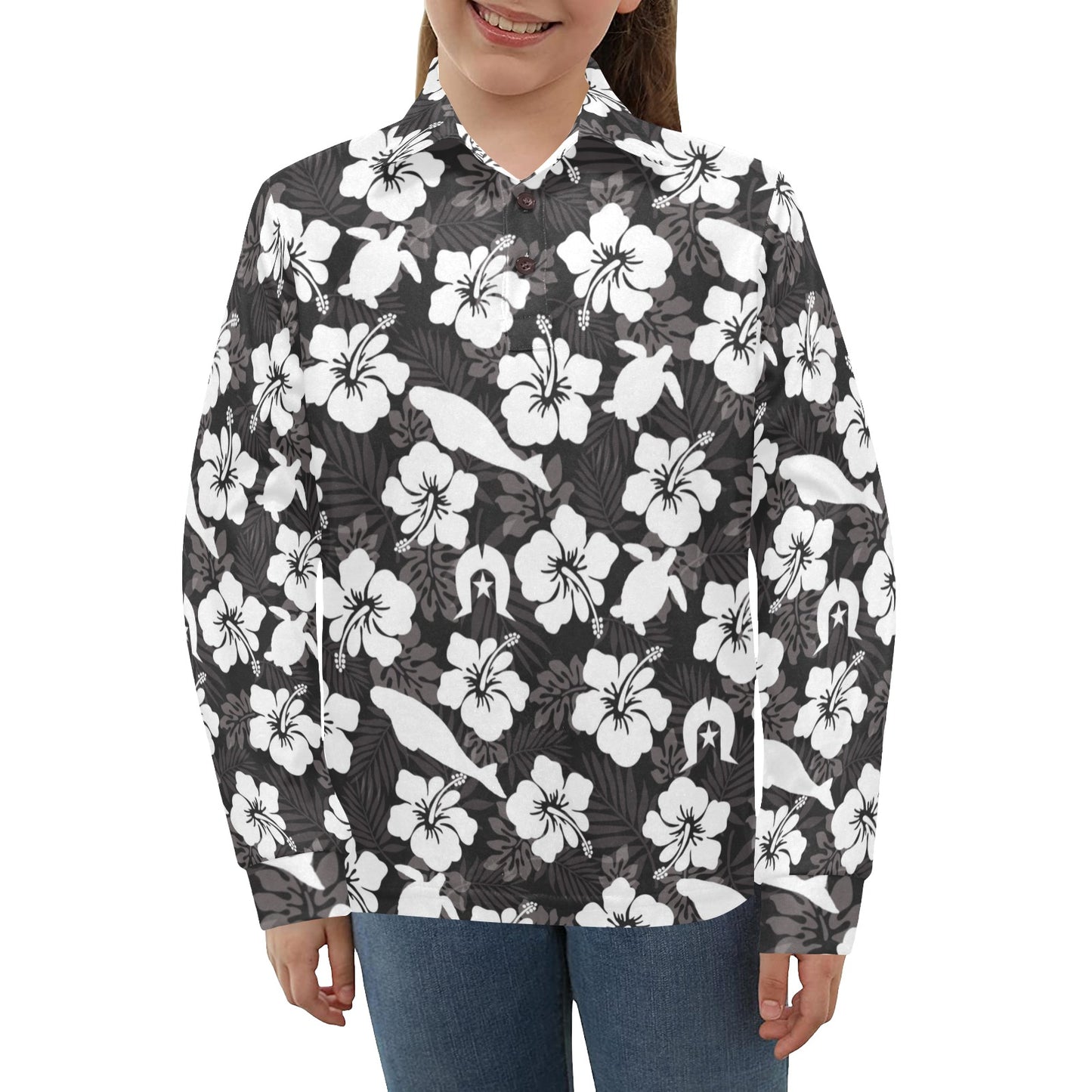 White Hibiscus with Dugong, Turtle and Dhari on Big Girls' Long Sleeve Polo Shirt