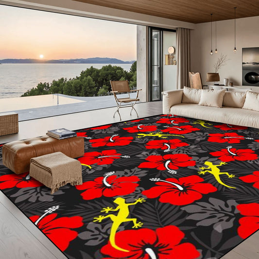 Royal Red Hibiscus flowers with Gecko on Large Area Rug Floor Carpet