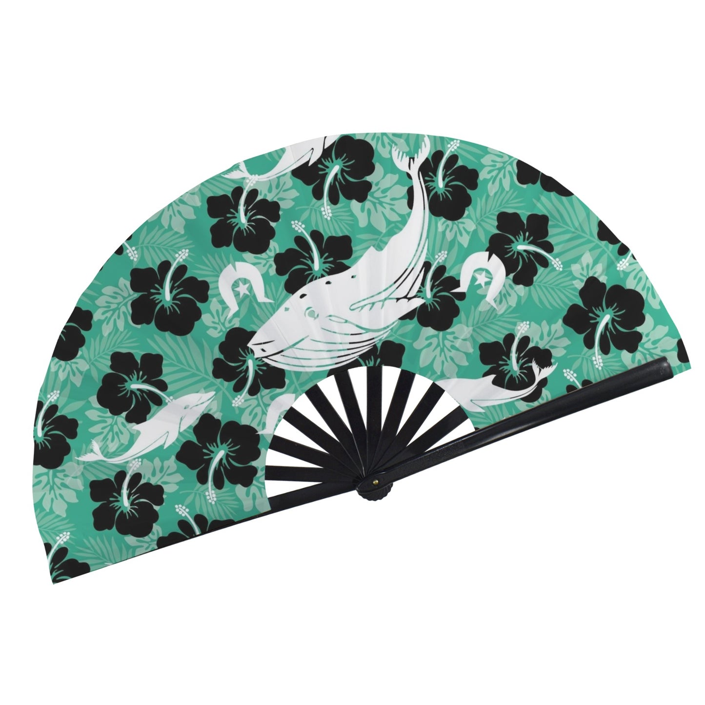 Black Hibiscus with Whale, Dolphin and Dhari on Folding Clack Fan
