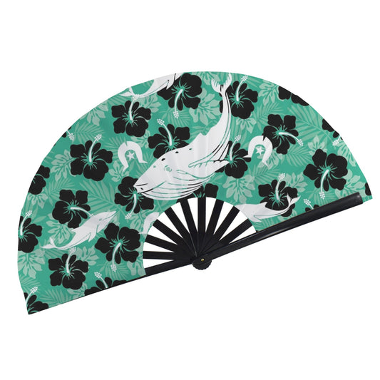 Black Hibiscus with Whale, Dolphin and Dhari on Folding Clack Fan