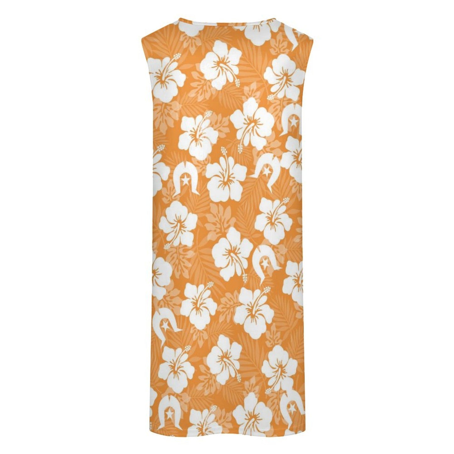 White Hibiscus flowers with Dhari (Orange) on Sleeveless Pocket Dress