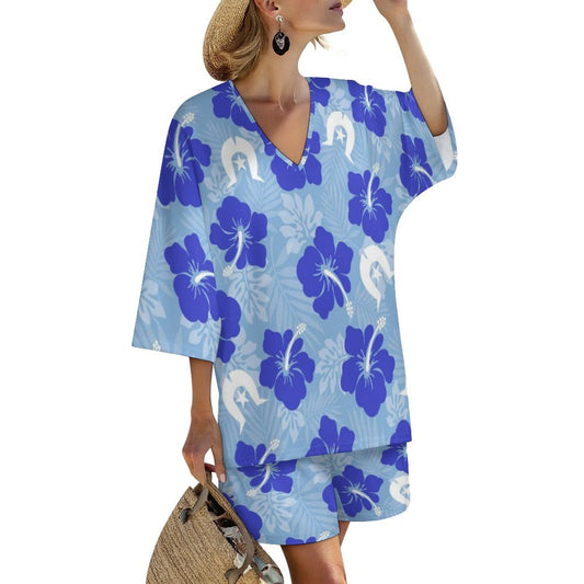 Hibiscus flowers with White Dhari (Sky blue) on Mediterranean Style V-Neck Suit