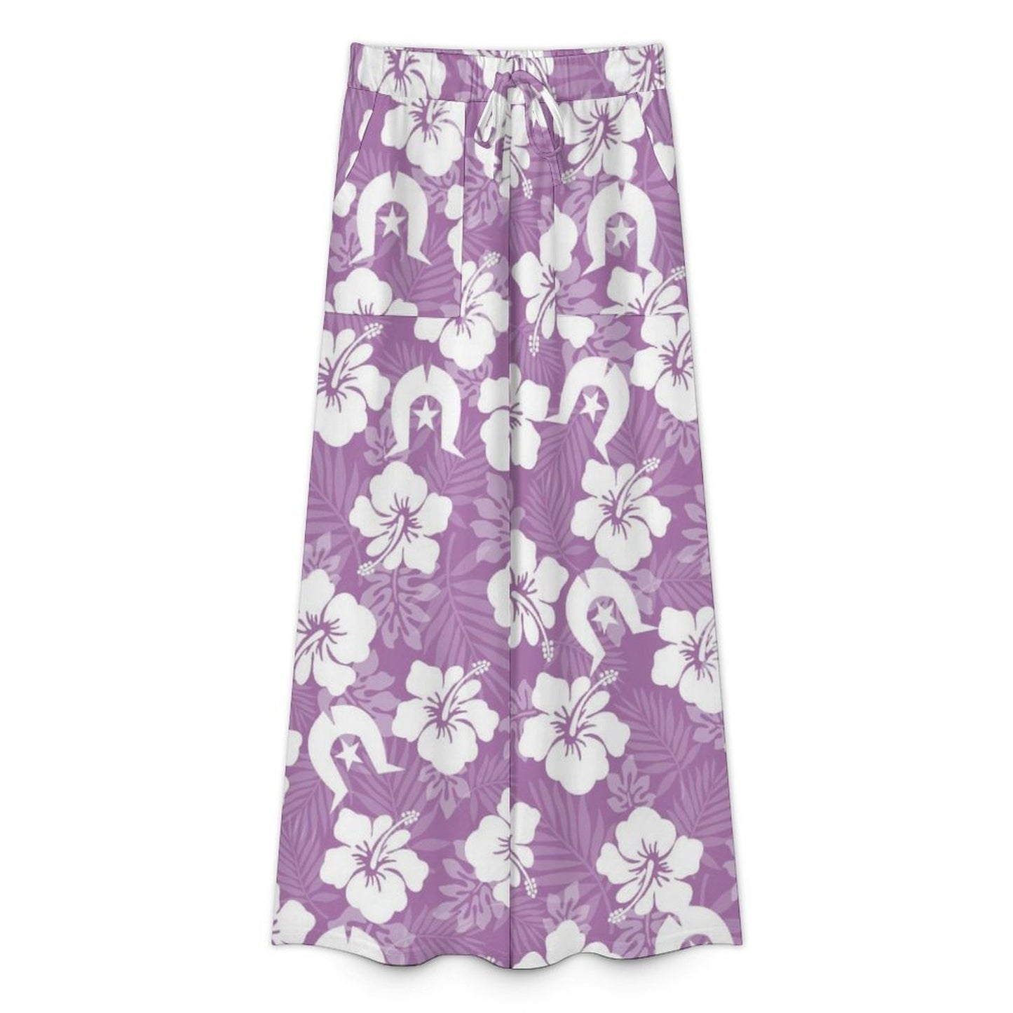 White Hibiscus and Dhari (Purple) on Women’s Wide-Leg Pants
