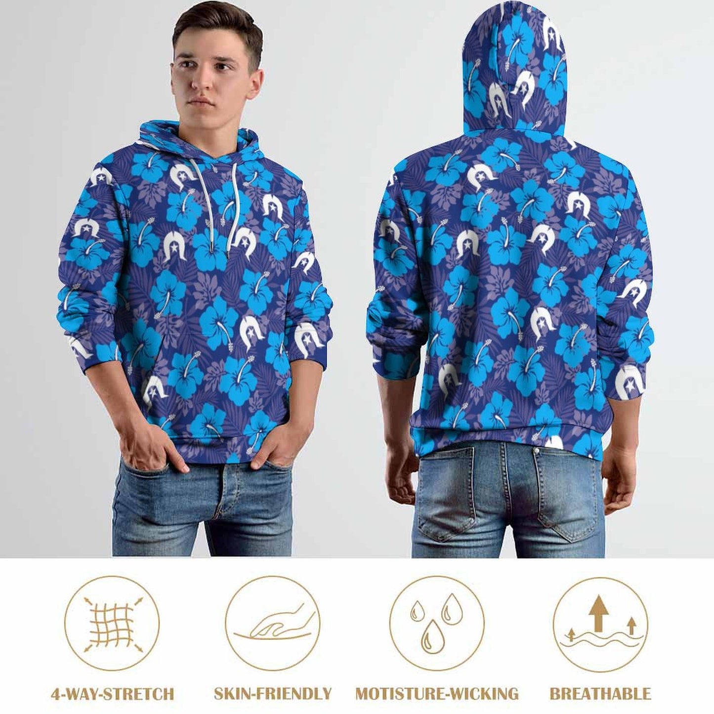 Hibiscus flowers with White Dhari (Royal blue) on Men's Cool Hoodie with Double-layer Cap