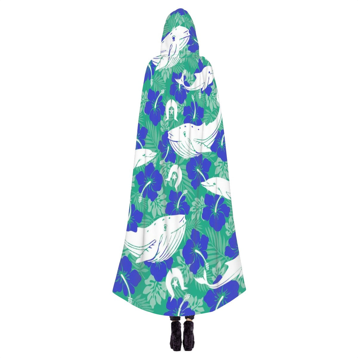 Royal Blue Hibiscus flowers with Whale, Dolphin and Dhari on Hooded Cloak