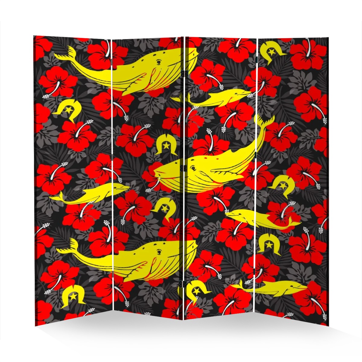 Royal Red Hibiscus with Yellow Dhari, Whale and Dolphin on Room Divider Folding Screen 4 Panel