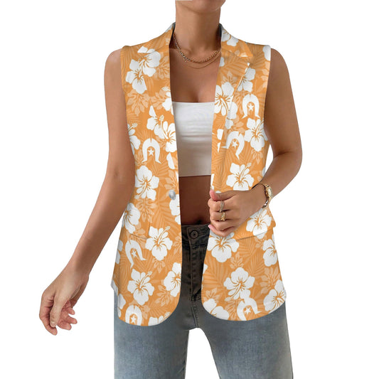 White Hibiscus flowers with Dhari (Orange) on Women Sleeveless Suit Vest