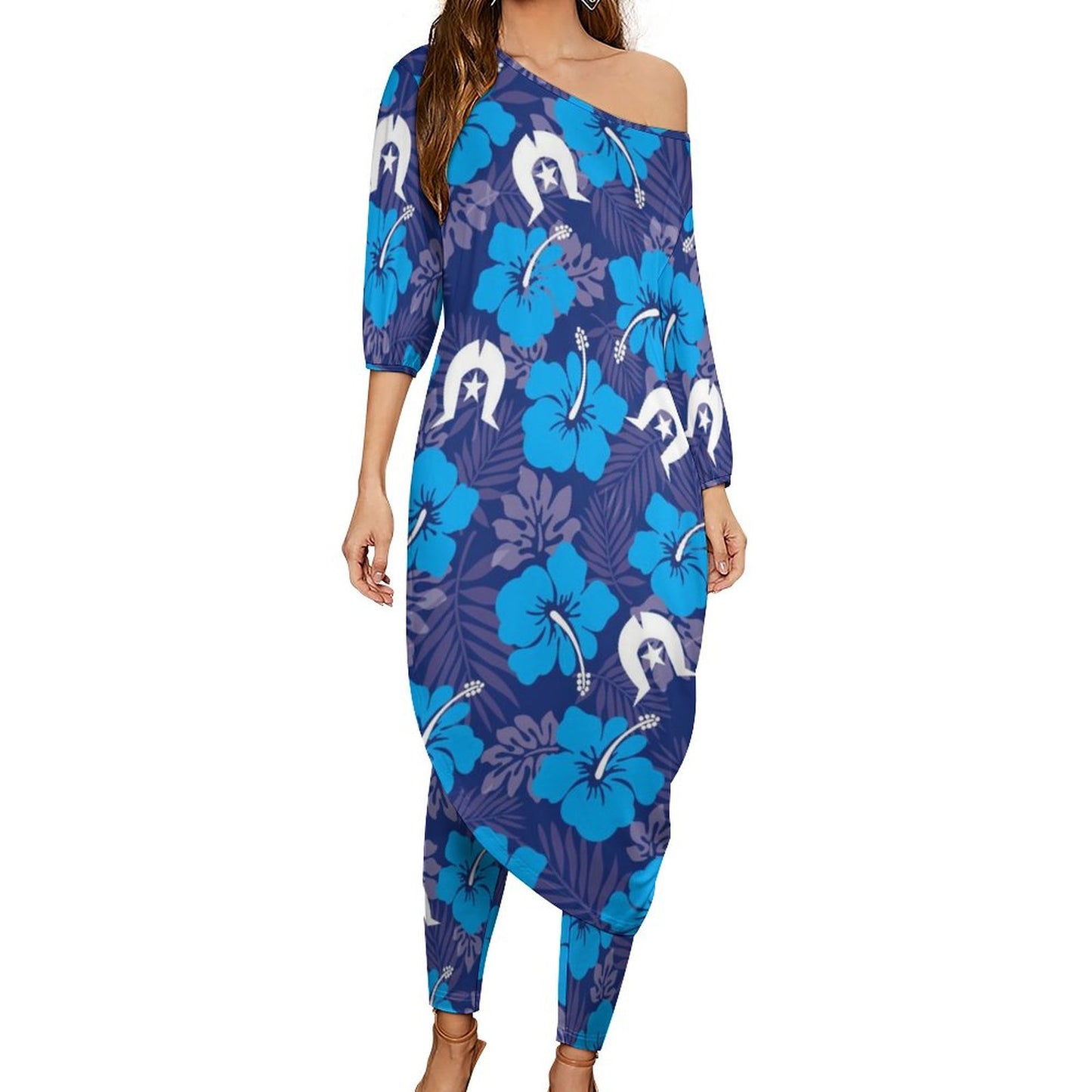 Hibiscus flowers with Dhari (Royal blue) on Diagonal Shoulder Two Piece Set