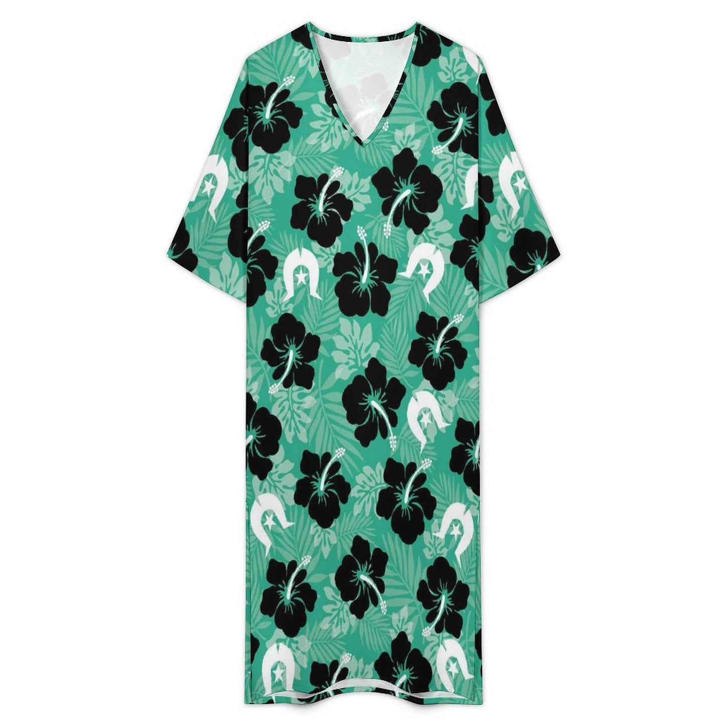 Black Hibiscus with White Dhari on Mediterranean Style V Neck Mid-Sleeve Robe