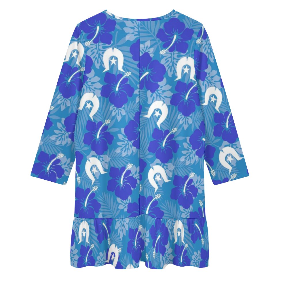 Hibiscus flowers with Dhari (Royal blue) on Women’s Long-Sleeve V-Neck Ruffle Mini Dress