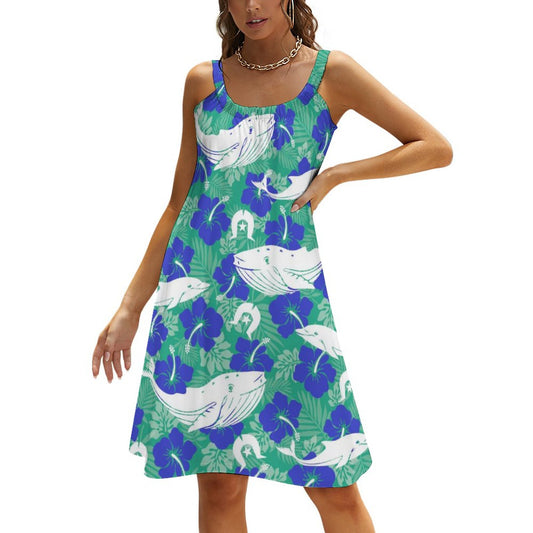 Royal Blue Hibiscus flowers with Whale, Dolphin and Dhari on Sleeveless Dress