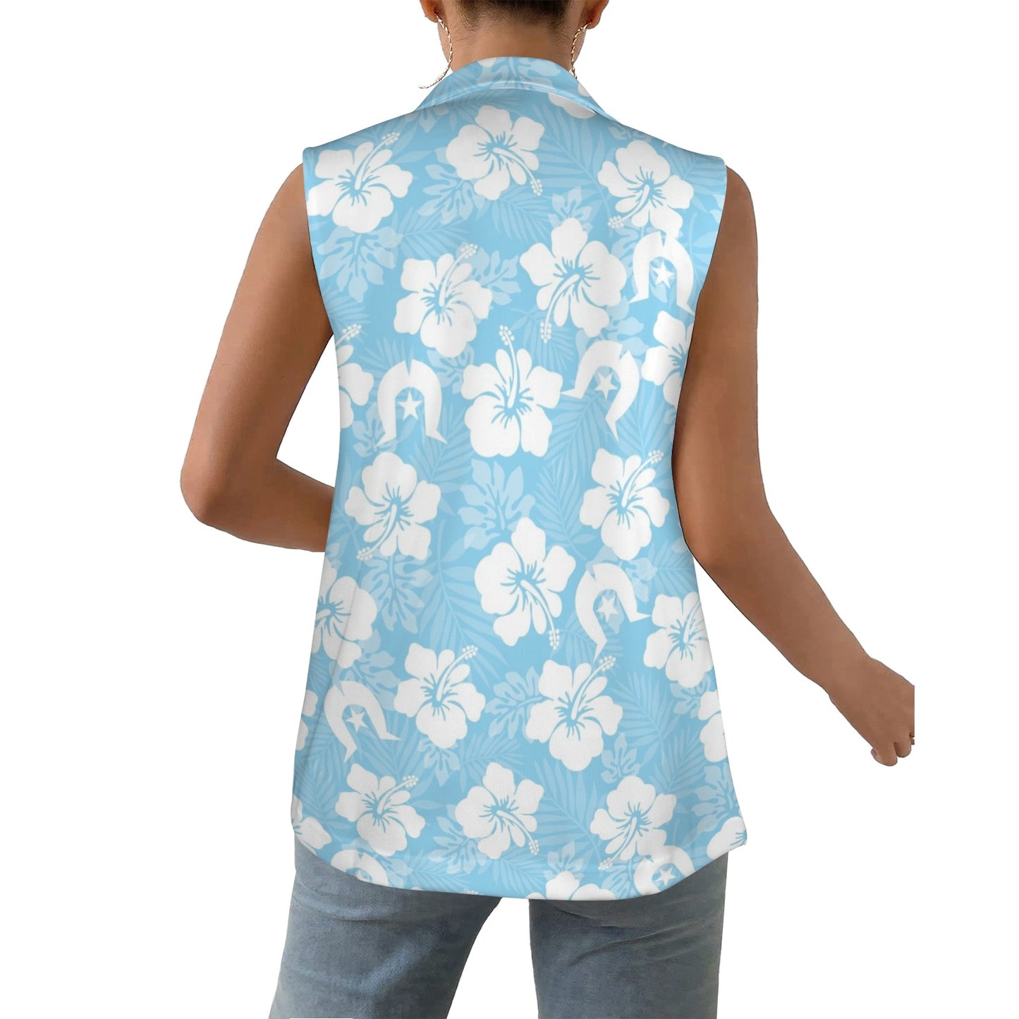White Hibiscus and Dhari (blue) on Women Sleeveless Suit Vest