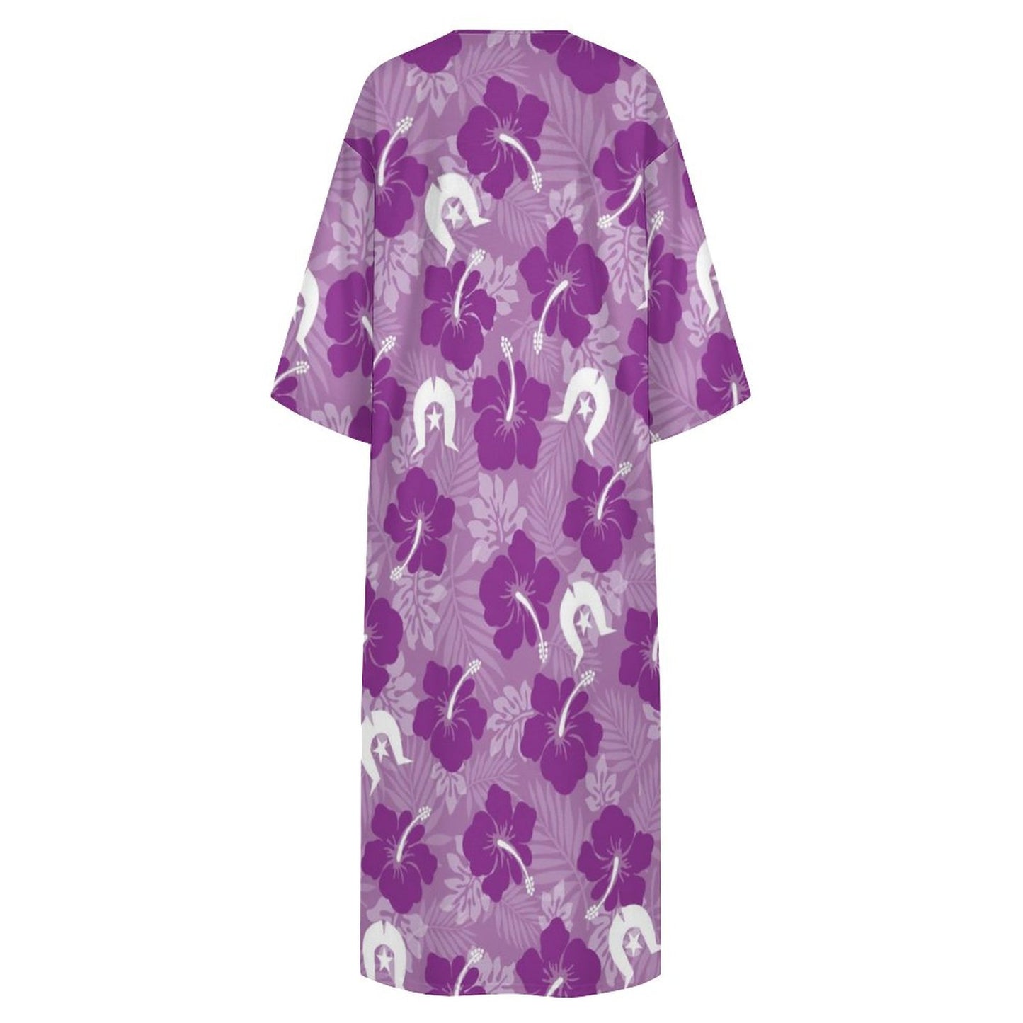 Hibiscus flowers with Dhari (Royal purple) on Mediterranean Style V Neck Mid-Sleeve Robe
