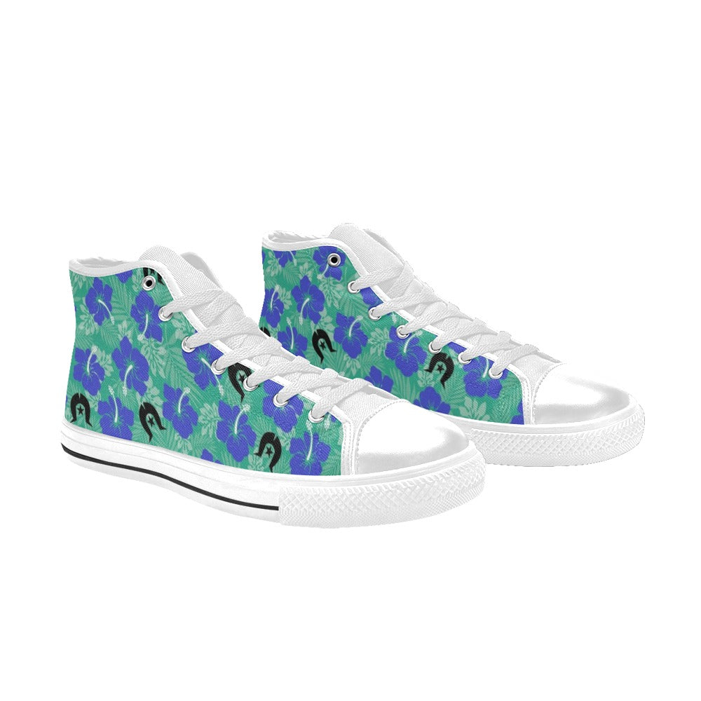 Royal Blue Hibiscus flowers with Black Dhari on Women's High Top Canvas Shoes