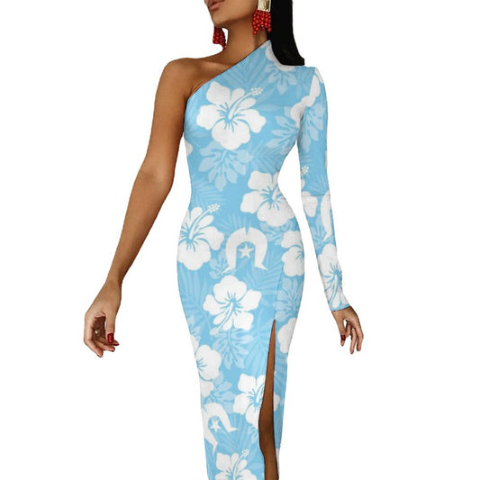 White Hibiscus and Dhari (blue) on One Shoulder Split Dress BIQ